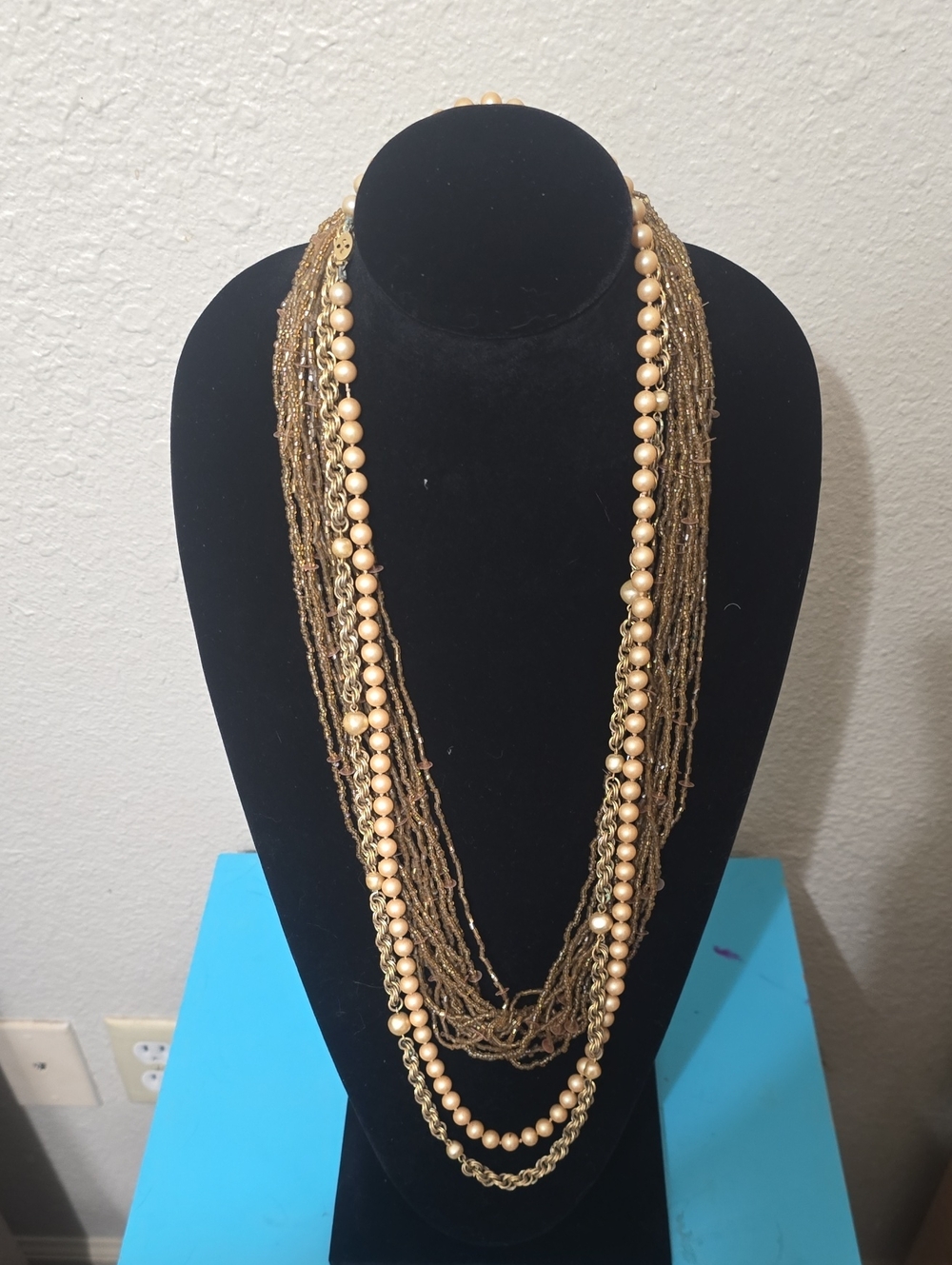 Vintage Accesocraft Multi-Strand Gold & Pearl Necklace +Champagne Bead Necklace